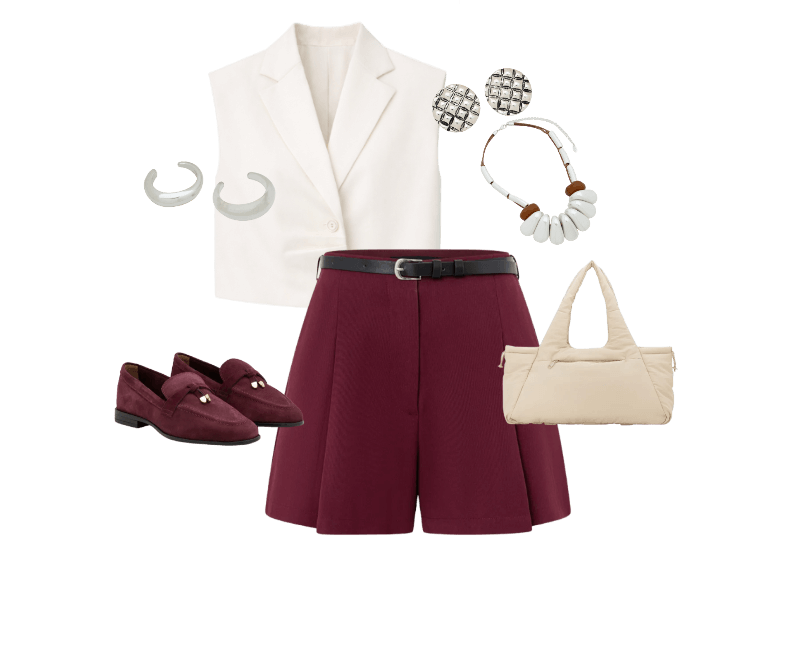 Colete em Crepe com Gola Blazer e Pregas Off White ; Short em Alfaiataria Lisa com Cinto Fino Vinho ; Mocassim em Couro Camurça com Ponteira Metálica Vinho ; Bolsa Shopper Grande com Estampa lisa Off White ; Brinco Botão em Metal com Textura de Serpente e Efeito Envelhecido Prata ; Kit 02 Braceletes Rígidos Orgânicos em Metal e Resina Prata ; Maxi Colar com Cordão de Nós e Palitos com Argolas Escovadas Prata