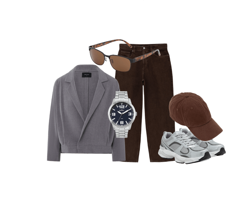 Blazer Casual Em Alfaiataria Com Frontal Transpassada Cinza ; Calça Super Baggy em Sarja com Pesponto Contrastante Marrom ; Tênis Running com Recortes e Texturizado Cinza ; Óculos Redondo com Haste Tartaruga Marrom/Preto ; Boné Aba Curva em Algodão com Strapback Marrom ; Relógio Condor Masculino Analógico PRATA
