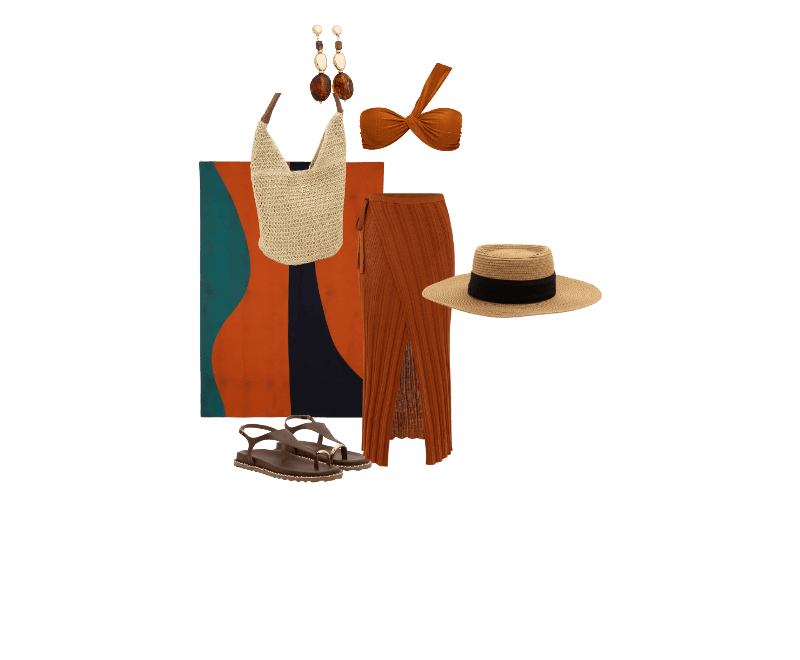Sandália Rasteira com Dedeira e Detalhe Bold Marrom ; Chapéu de Praia com Aba Média e Faixa Contrastante Bege ; Maxi Brinco com Pingentes Orgânicos em Resina Dourado/Marrom ; Saída de Praia Vestido Envelope Texturizado com Amarração Marrom ; Canga Retangular em Viscose com Estampa Abstrata Multicores ; Biquíni Top com Alça Única e Detalhe Canelado em Microfibra Marrom ; Bolsa de Praia em Palha com Alça de PU Trançada Bege