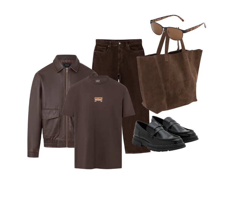 Camiseta Comfort em Algodão Peruano com Estampa Lettering Outside Division Marrom ; Jaqueta Em Material Sintético Com Gola Colarinho E Bolsos Grandes Marrom ; Calça Super Baggy em Sarja com Pesponto Contrastante Marrom ; Sapato em Pu com Sola Tratorada e Detalhe Olho de Gato Preto ; Óculos Redondo com Haste Tartaruga Marrom/Preto ; Bolsa Tote em Camurça com Costura Aparente Marrom Médio