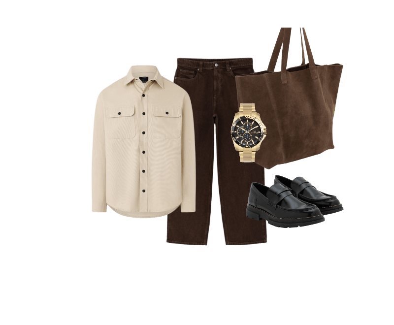 Camisa Em Sarja Com Botões E Bolsos Bege ; Calça Super Baggy em Sarja com Pesponto Contrastante Marrom ; Sapato em Pu com Sola Tratorada e Detalhe Olho de Gato Preto ; Bolsa Tote em Camurça com Costura Aparente Marrom Médio ; Relógio Technos Masculino Analógico Dourado