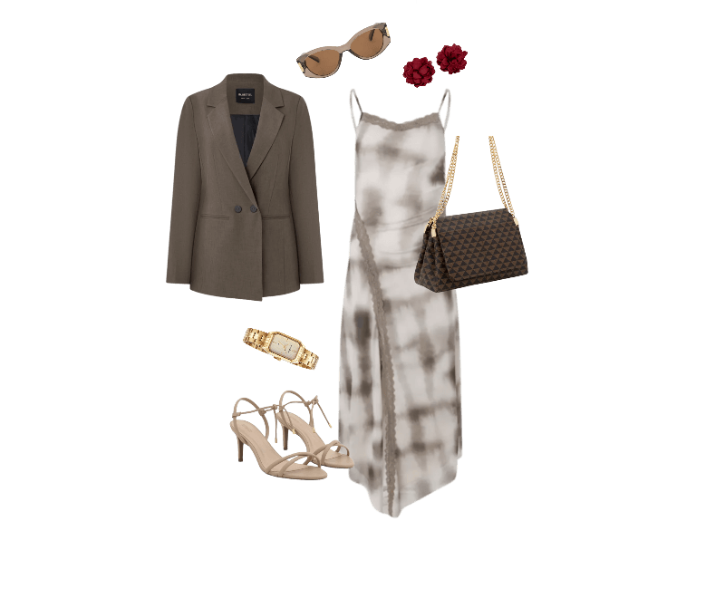 Blazer Alongado em Alfaiataria Marrom ; Vestido New Midi em Tule Transpassado com Renda Cinza ; Sandália com Tiras e Bico Folha Bege ; Bolsa Shoulder Média em PU Estampa Triângulos e Alça com Corrente Marrom ; Óculos de Sol Quadrado Levemente Gateado com Detalhe Lateral de Metal Marrom ; Relógio Mondaine Feminino Analógico Dourado ; Maxi Brinco com Formato Rosa Vermelho