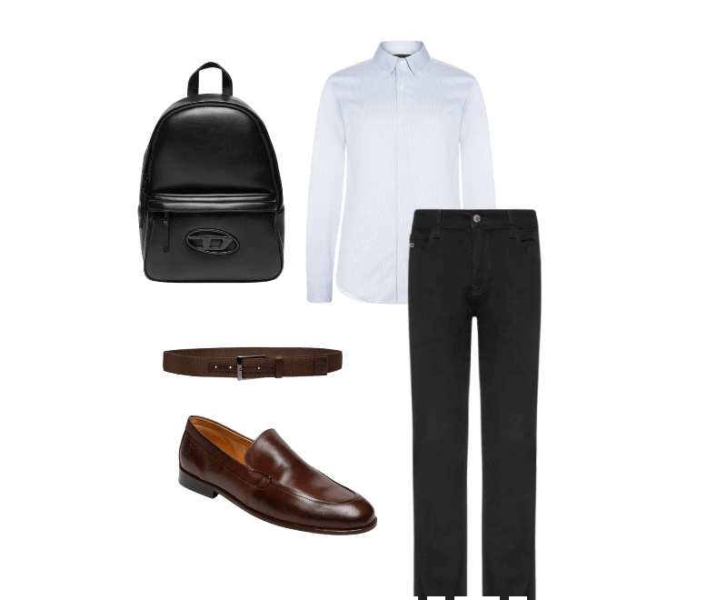 Camisa Masculina Paris Martin Manga Longa Branco Oficina Reserva ; Calça Jeans Masculina Slim Fit Scanton Preto Tommy Jeans ; Cinto Masculino Elástico Com Couro Marrom '2 Essential ; Mochila Masculina Holi D Preto Diesel ; Sapato Masculino Mocassim Em Couro Liso Marrom Sergio K