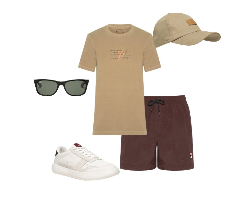 Camiseta Masculina Slim Stone Surfing Scribble Bege Osklen ; Boné Masculino CKJ 6 Gomos Etiqueta Recouro Bege Calvin Klein Jeans ; Bermuda Masculina Essential Gt Marrom Fila ; Tênis Masculino Modern Lightcup Lth Wl Branco Tommy Hilfiger ; Óculos De Sol Unissex New Wayfare Classic Preto Ray-ban
