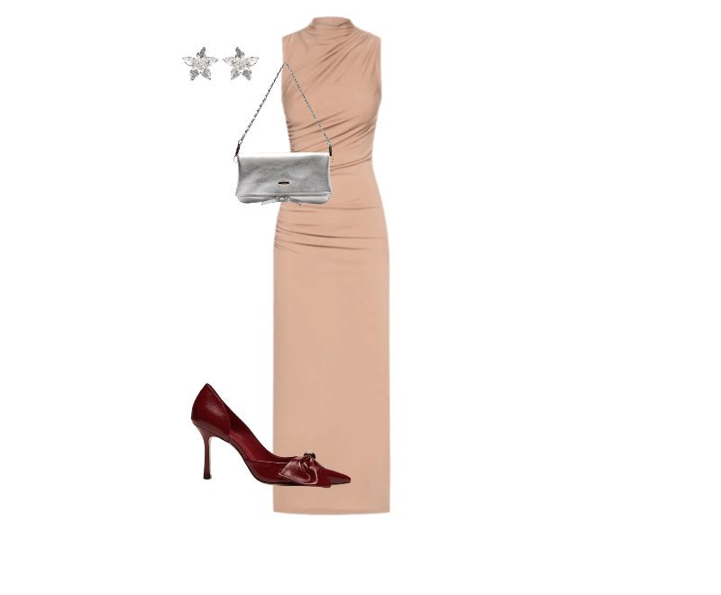 Brinco Feminino Lírio Prateado Market 33 ; Vestido Midi Drapeado Bege Market 33 ; Scarpin Marusi Vermelho Vicenza ; Bolsa Feminina Tiracolo Couro Média Dobrável Prateado Arezzo