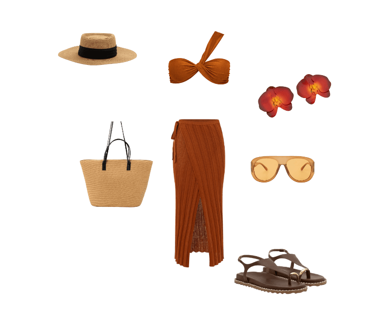 Sandália Rasteira com Dedeira e Detalhe Bold Marrom ; Bolsa de Praia Grande com Bolsinho e Alças em PU Bege ; Óculos de Sol Aviador com Lente Âmbar Laranja ; Chapéu de Praia com Aba Média e Faixa Contrastante Bege ; Maxi Brinco com Forma de Orquídea Esmaltada Laranja ; Saída de Praia Vestido Envelope Texturizado com Amarração Marrom ; Biquíni Top com Alça Única e Detalhe Canelado em Microfibra Marrom