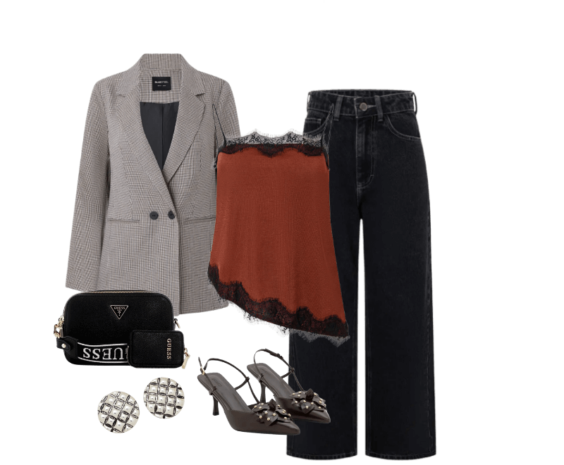 Blusa de Alça em Ribana com Detalhes de Renda Marrom ; Blazer Alongado em Alfaiataria com Estampa Xadrez Pied de Poule Cinza ; Calça Cropped Reta Jeans com Lavagem Clássica Preto ; Sapato Slingaback com Flor e Cravinhos Marrom ; Bolsa Latona Ii Camera Transversal Preto Guess ; Brinco Botão em Metal com Textura de Serpente e Efeito Envelhecido Prata