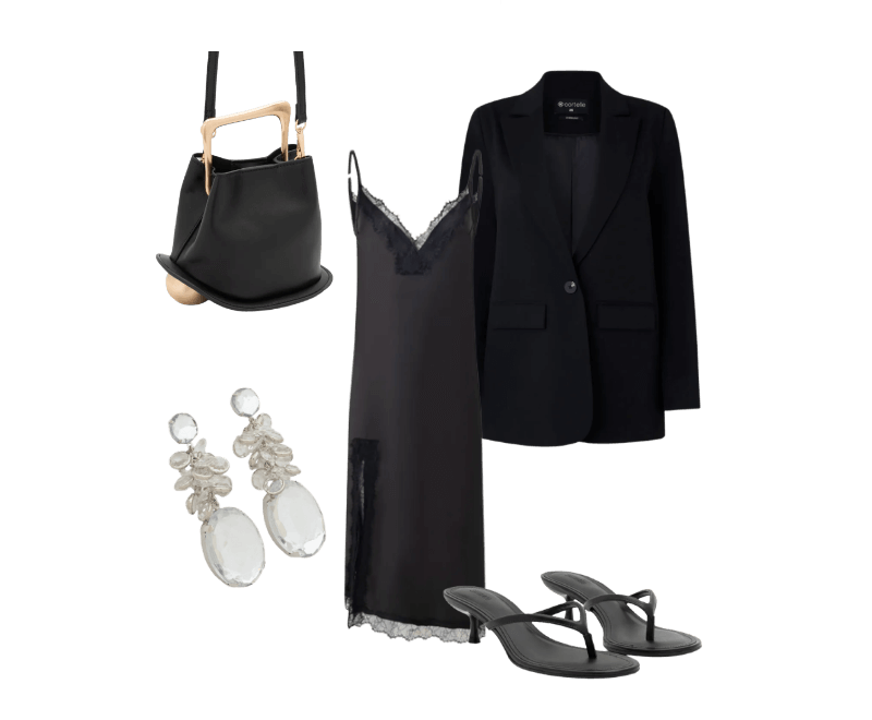 Blazer Oversized Alfaiatado com Botão Único Preto ; Vestido Boho Slip Dress com Efeito Acetinado e Renda Preto ; Sandália Mule em PU Kitten Heel Preto ; Bolsa Bucket Pequena com Alça de Mão em Metal Base Bola em Metal Preto ; Maxi Brinco em Strass com Pingente Cristal Artificial Prata