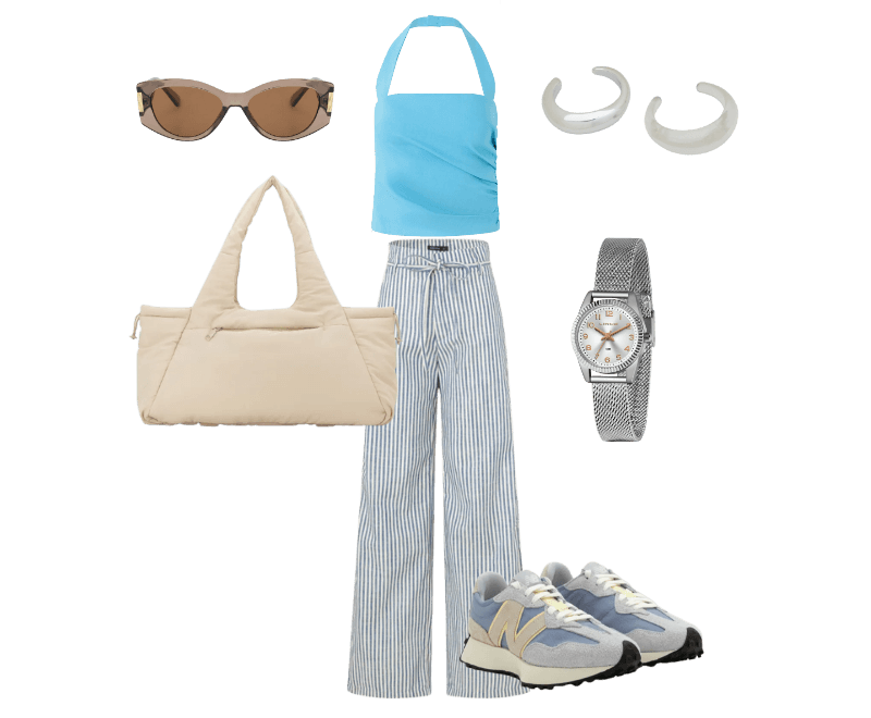 Blusa Frente Única em Bengaline com Franzido na Lateral Azul ; Calça Wide Leg em Sarja com Listras e Cinto Fino Azul Médio ; Tênis Jogging com Recortes e Silhueta Longa New Balance Azul ; Bolsa Shopper Grande com Estampa lisa Off White ; Óculos de Sol Quadrado Levemente Gateado com Detalhe Lateral de Metal Marrom ; Relógio Lince Analógico com Pulseira e Caixa em Metal LRM4674L S2SX U ; Kit 02 Braceletes Rígidos Orgânicos em Metal e Resina Prata