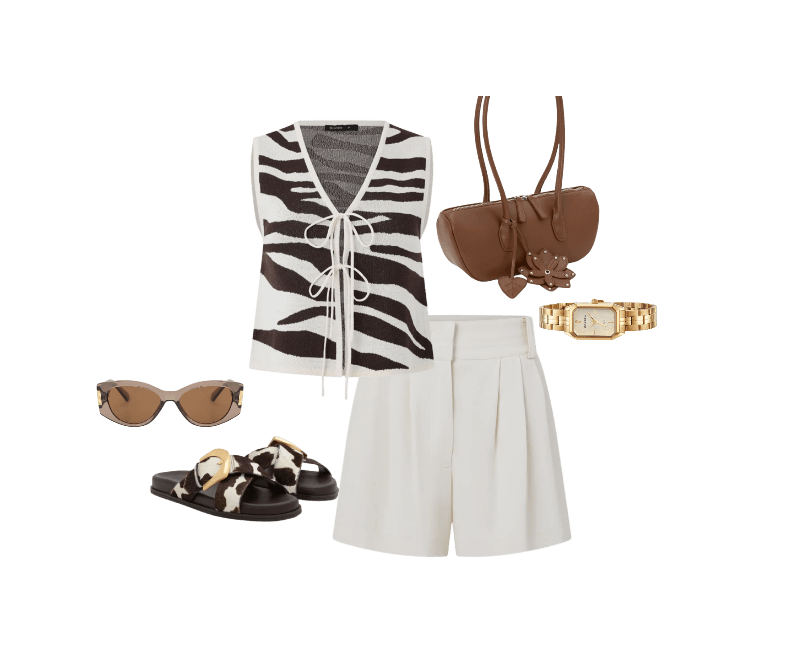 Blusa em Tricô com Amarração e Estampa Zebra Multicores ; Bermuda em Crepe com Pregas e Cinto Off White ; Rasteira em Couro com Tiras Cruzadas e Fivela Marrom ; Bolsa Baguete em PU com Charm de Flor e Folha 3D Marrom ; Óculos de Sol Quadrado Levemente Gateado com Detalhe Lateral de Metal Marrom ; Relógio Mondaine Feminino Analógico Dourado