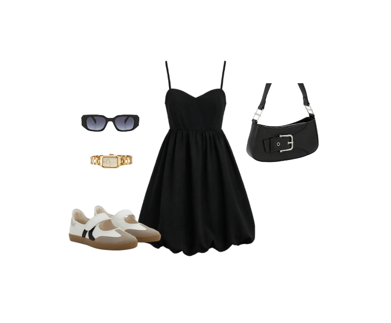 Vestido Balonê Curto Alfaiatado com Busto Recortado Preto ; Tênis Chuteira com Abertura e Recortes Contrastantes Off White ; Bolsa Baguete Pequena com Detalhe em Fivela Preto ; Óculos de Sol Quadrado com Detalhes Facetados e Lente Fumê Degrade Preto ; Relógio Mondaine Feminino Analógico Dourado