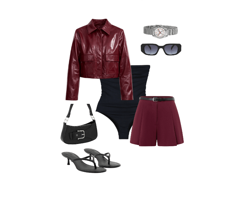 Jaqueta Curta em PU com Bolsos Frontais e Zíper Bordô ; Short em Alfaiataria Lisa com Cinto Fino Vinho ; Sandália Mule em PU Kitten Heel Preto ; Bolsa Baguete Pequena com Detalhe em Fivela Preto ; Óculos de Sol Quadrado com Detalhes Facetados e Lente Fumê Degrade Preto ; Relógio Lince Analógico com Pulseira e Caixa em Metal LRM4674L S2SX U ; Maiô Sem Alça em Microfibra com Busto Drapeado Preto