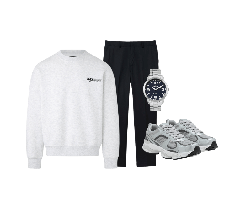 Casaco Boxy Em Moletom Com Felpa Estampa Lettering Cinza ; Calça Social Slim em Poliviscose com Bolsos Preto ; Tênis Running com Recortes e Texturizado Cinza ; Relógio Condor Masculino Analógico PRATA