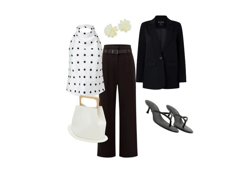 Blusa em Cetim com Gola Alta e Estampas de Bolinhas Branco ; Blazer Oversized Alfaiatado com Botão Único Preto ; Calça Reta em Alfaiataria com Meio Cinto Marrom ; Sandália Mule em PU Kitten Heel Preto ; Bolsa Bucket Pequena com Alça de Mão em Metal Base Bola em Metal Off White ; Maxi Brinco Flor com Pétalas Off White