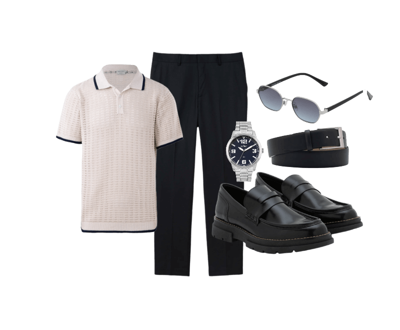 Camisa Polo Em Algodão Texturizada Com Gola V E Detalhe Contrastante Branco ; Calça Social Slim em Poliviscose com Bolsos Preto ; Sapato em Pu com Sola Tratorada e Detalhe Olho de Gato Preto ; Óculos de Sol Redondo com Haste Fina e Lente Fume Degrade Prata ; Relógio Condor Masculino Analógico PRATA ; Cinto em Couro com Ajuste por Fivela Preto