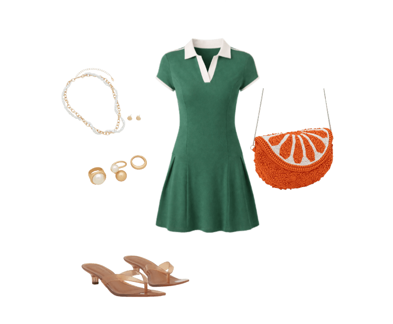 Vestido Curto em Ribana com Gola Polo Contrastante Verde ; Sandália de Dedo em Jelly com Salto Médio e Transparência Bege ; Bolsa Hobo em Miçanga com Alça Transversal e Tampa de Laranja Laranja ; Kit 03 Anéis em Metal com Diferentes Formas Dourado ; Conjunto de Colar Pérola Trançada com Corrente e Brinco de Concha em metal Dourado