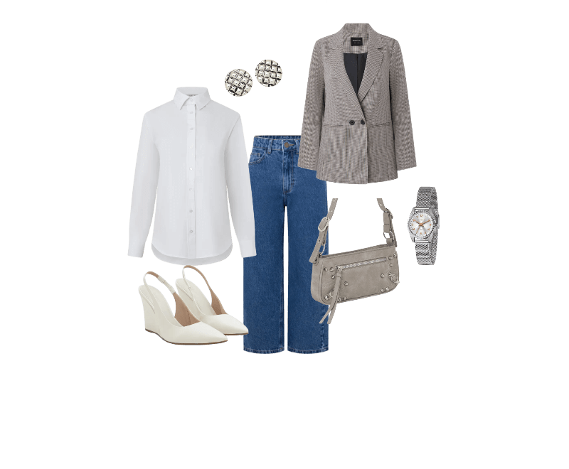 Camisa em Tricoline com Abotoamento e Punho Largo Branco Neve ; Blazer Alongado em Alfaiataria com Estampa Xadrez Pied de Poule Cinza ; Calça Cropped Reta Jeans com Lavagem Clássica Médio ; Sapato Scarpin Anabela com Tira Elástica Off White ; Bolsa Baguete com Detalhes em Metal e Alça Regulável Cinza ; Relógio Lince Analógico com Pulseira e Caixa em Metal LRM4674L S2SX U ; Brinco Botão em Metal com Textura de Serpente e Efeito Envelhecido Prata