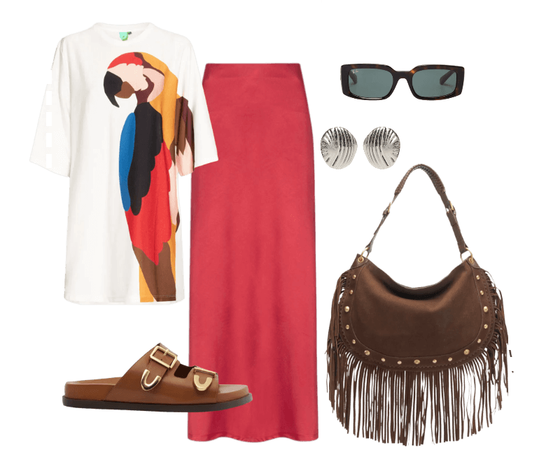 Brinco Feminino Texturizado Em Metal Fosco Prateado '2Essential ; Arezzo  ; Bolsa Feminina Couro Franjas Marrom Arezzo ; Óculos De Sol Unissex Sol Kiliane Bio-Based Marrom Ray-ban  ; Saia Feminina Longa Evasê Vermelho '2Essential ; Vestido Camiseta Big Araraquara Branco Farm