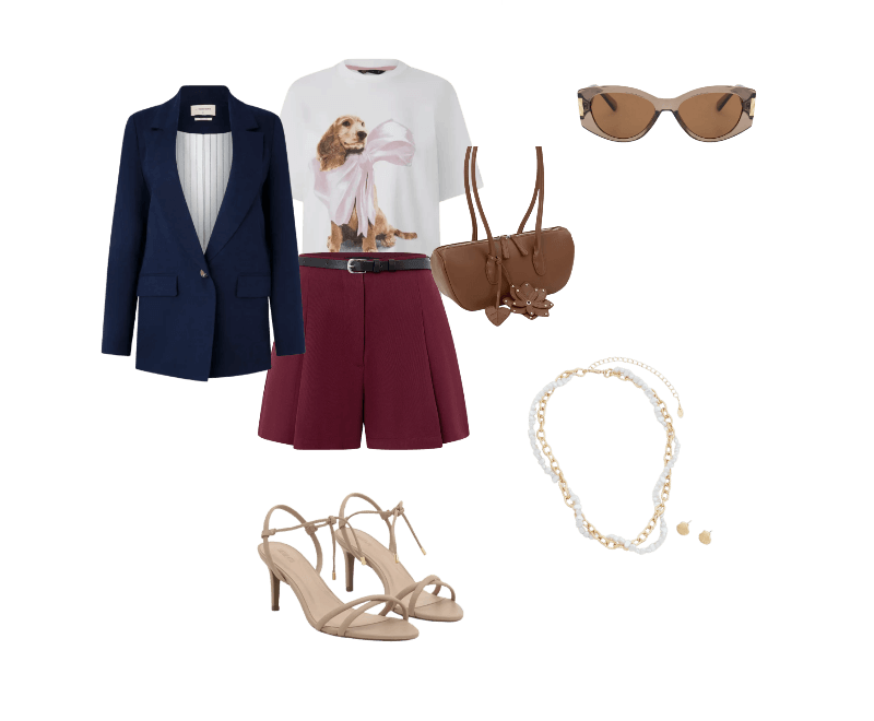 Camiseta em Algodão com Estampa Cão de Laço Branco ; Blazer em Viscolinho com Lapelas e Botão Único Azul Escuro ; Short em Alfaiataria Lisa com Cinto Fino Vinho ; Sandália com Tiras e Bico Folha Bege ; Bolsa Baguete em PU com Charm de Flor e Folha 3D Marrom ; Óculos de Sol Quadrado Levemente Gateado com Detalhe Lateral de Metal Marrom ; Conjunto de Colar Pérola Trançada com Corrente e Brinco de Concha em metal Dourado