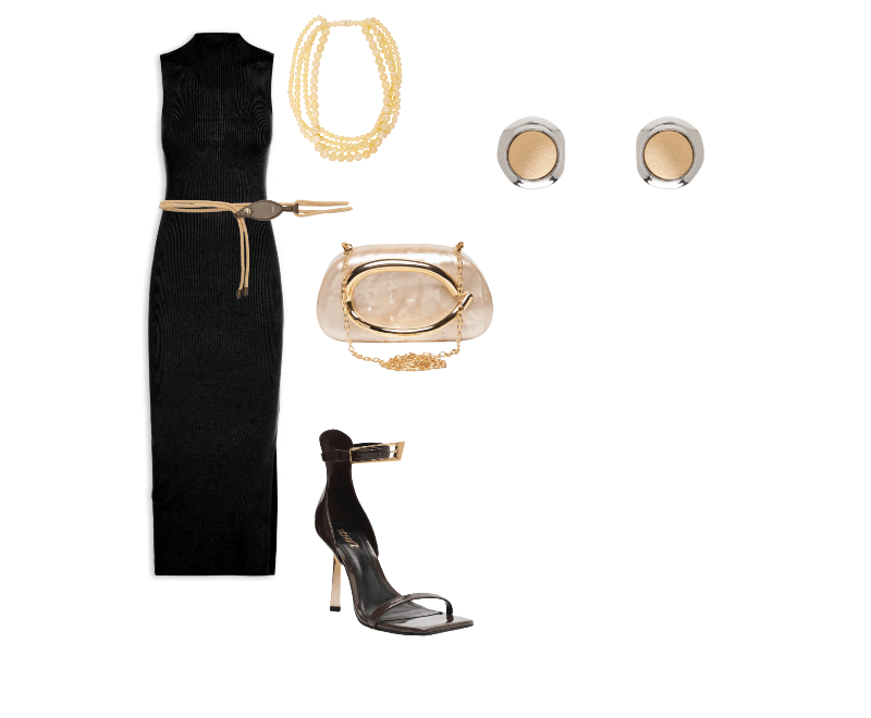 Cinto Feminino Couro Cordão Bege Arezzo + Lenny Niemeyer ; Colar Feminino Mia Bege Le Lis ; Sandália Feminina Ciara Couro Marrom Schutz ; Vestido Midi Em Tricot Preto Market 33 ; Bolsa Feminina Clutch Perolada Com Detalhe Orgânico Metalizado Bege Market 33 ; Brinco Feminino Metal Misto Escovado Dourado Basiq