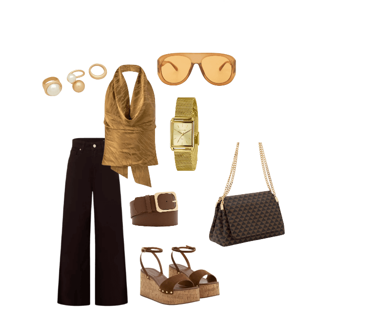 Blusa Frente Única Acetinada com Decote Degagê e Estampa com Efeito Manchado Amarelo ; Calça Wide Leg em Sarja com Pespontos Contrastantes Marrom ; Sandália Plataforma de Tiras com Efeito Camurça e Salto com Textura Marrom ; Bolsa Shoulder Média em PU Estampa Triângulos e Alça com Corrente Marrom ; Óculos de Sol Aviador com Lente Âmbar Laranja ; Relógio de Metal Lince Feminino Analógico com Caixa de Metal e Pulseira de Aço LQG4766L25 C1KX Dourado ; Cinto Médio em PU com Fivela Quadrada Marrom ; Kit 03 Anéis em Metal com Diferentes Formas Dourado
