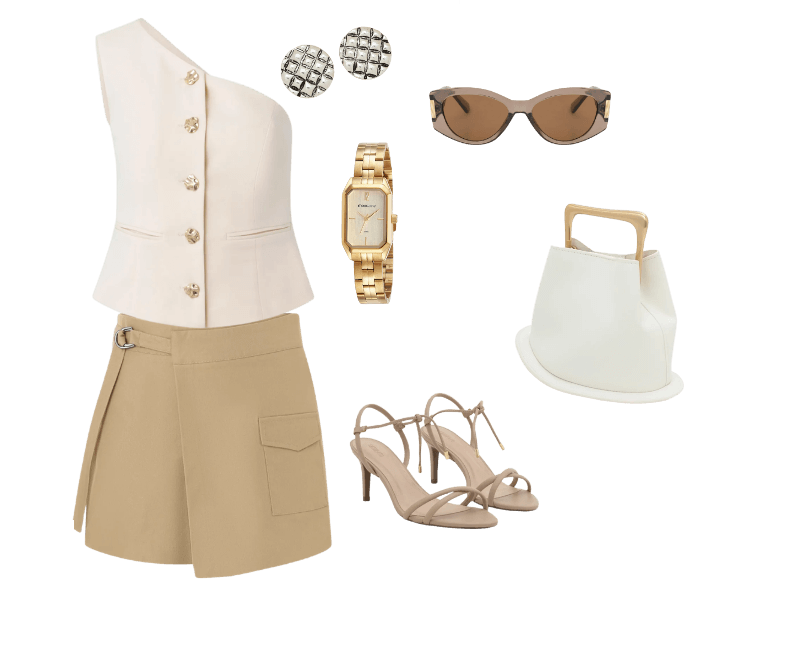 Blusa Ombro Só em Crepe com Botões Martelados Bege ; Bermuda em Alfaiataria com Fivela e Bolso Frontal Bege ; Sandália com Tiras e Bico Folha Bege ; Bolsa Bucket Pequena com Alça de Mão em Metal Base Bola em Metal Off White ; Óculos de Sol Quadrado Levemente Gateado com Detalhe Lateral de Metal Marrom ; Relógio Mondaine Feminino Analógico Dourado ; Brinco Botão em Metal com Textura de Serpente e Efeito Envelhecido Prata