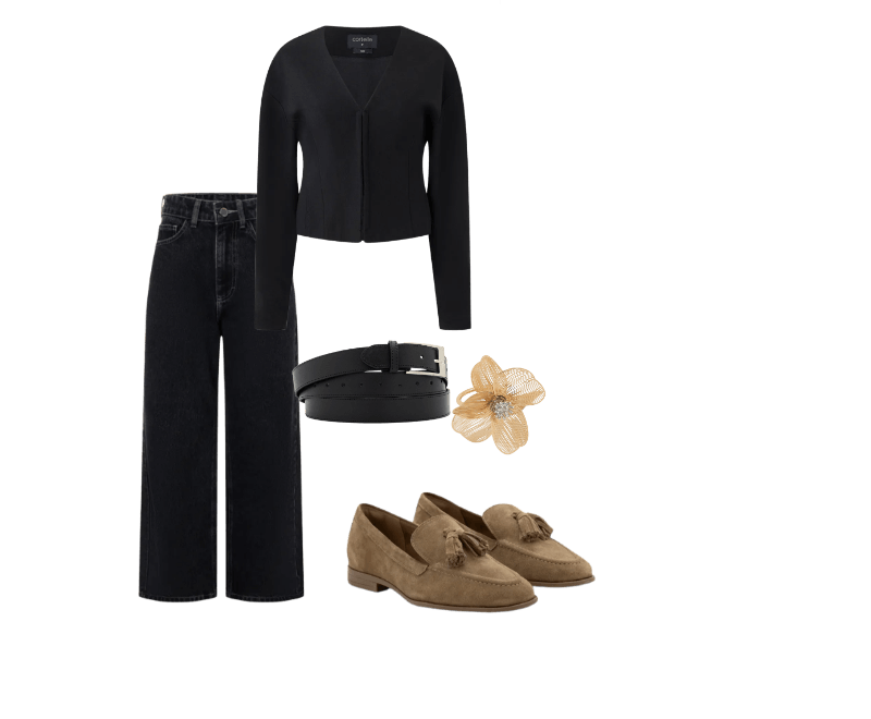 Blazer Slim Alfaiatada com Cava Deslocada e Manga Balloon Preto ; Calça Cropped Reta Jeans com Lavagem Clássica Preto ; Sapato Mocassim em Camurça com Franja Marrom Claro ; Cinto Alongado em Couro com Volta Dupla e Fivela Quadrada Metalizada Preto ; Maxi Anel em Metal com Formato de Flor Aramada Dourado