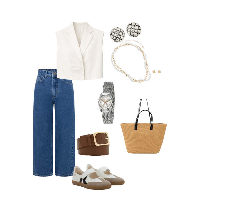 Colete em Crepe com Gola Blazer e Pregas Off White ; Calça Cropped Reta Jeans com Lavagem Clássica Médio ; Tênis Chuteira com Abertura e Recortes Contrastantes Off White ; Bolsa de Praia Grande com Bolsinho e Alças em PU Bege ; Relógio Lince Analógico com Pulseira e Caixa em Metal LRM4674L S2SX U ; Cinto Médio em PU com Fivela Quadrada Marrom ; Brinco Botão em Metal com Textura de Serpente e Efeito Envelhecido Prata ; Conjunto de Colar Pérola Trançada com Corrente e Brinco de Concha em metal Dourado
