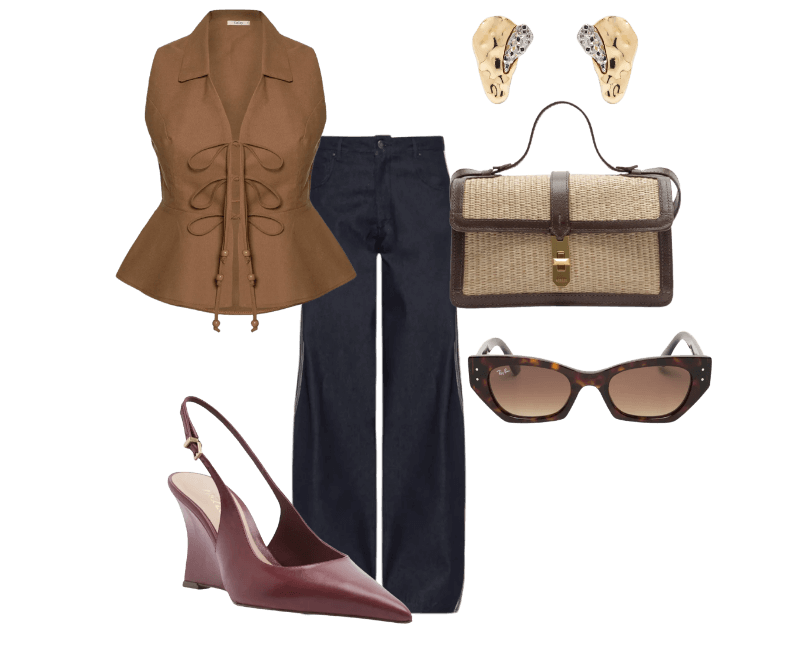 Óculos Feminino Zena Bio-Based Marrom Ray-ban ; Bolsa Feminina Tiracolo Natural Palha Bege Arezzo ; Scarpin Slingback Anabela Couro Salto Alto Vinho Arezzo ; Brinco Feminino Gota Orgânica + Druza Metal Fixo Duo Ouro Mix Dourado D'santis Joias ; Calça Feminina Denim Azul Adidas Originals ; Blusa Feminina Peplum Amarração Marrom Cacay