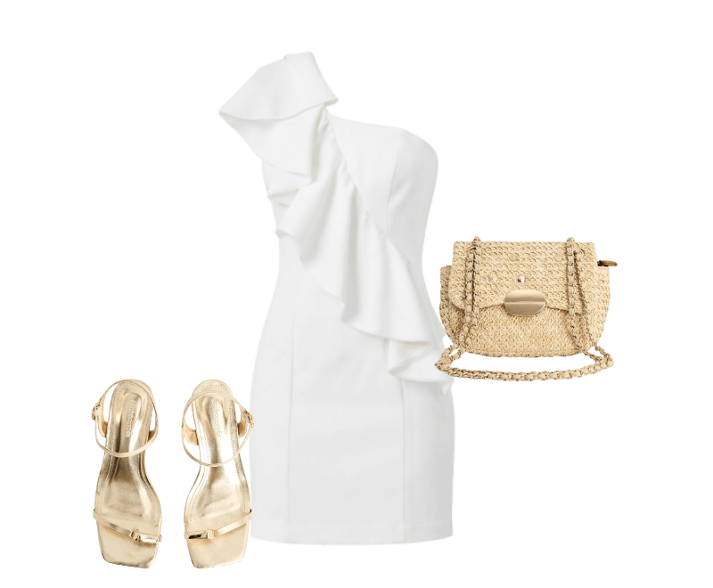 Vestido Lauren Babados Off Wihte ; Sandália Média Salto Cromado ; Bolsa Pequena Ráfia Pins Metálicos