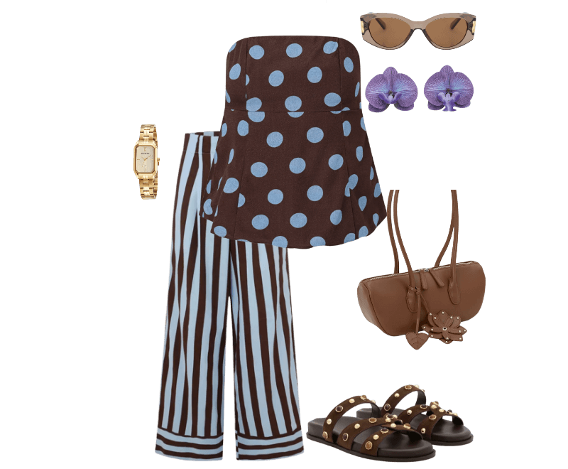 Blusa Tomara Que Caia com Estampa Poá Marrom ; Calça Cintura Alta em Tricoline com Listras Verticais Azul/Marrom ; Sandália Rasteira com Pedrarias nas Tiras Marrom ; Bolsa Baguete em PU com Charm de Flor e Folha 3D Marrom ; Óculos de Sol Quadrado Levemente Gateado com Detalhe Lateral de Metal Marrom ; Relógio Mondaine Feminino Analógico Dourado ; Maxi Brinco em Formato de Flor Orquídea Lilás