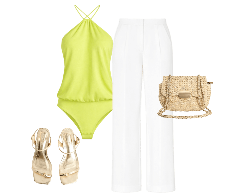 CALÇA LISA OFF WHITE ; BODY FRENTE ÚNICA NEON MISSOL ; Sandália Média Salto Cromado ; Bolsa Pequena Ráfia Pins Metálicos