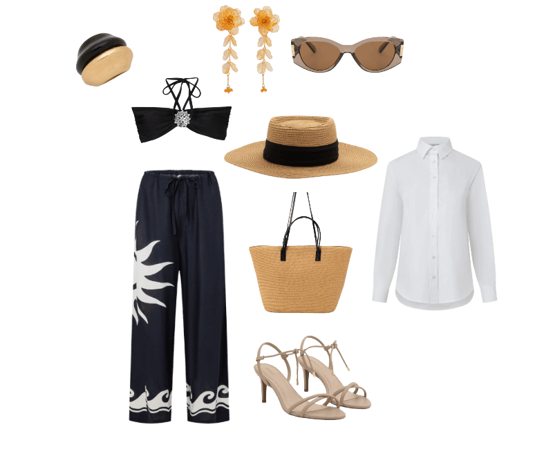 Camisa em Tricoline com Abotoamento e Punho Largo Branco Neve ; Sandália com Tiras e Bico Folha Bege ; Bolsa de Praia Grande com Bolsinho e Alças em PU Bege ; Óculos de Sol Quadrado Levemente Gateado com Detalhe Lateral de Metal Marrom ; Chapéu de Praia com Aba Média e Faixa Contrastante Bege ; Brinco Médio de Flor em Resina com Pétalas Pendentes Laranja ; Maxi Anel com Faces Bicolores Dourado/Preto ; Calça de Praia em Viscose com Estampa de Sol e Ondas Preto ; Biquini Top Bandeau em Microfibra com Amarração no Pescoço Preto