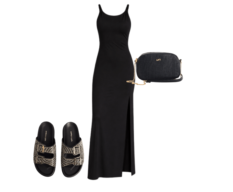 VESTIDO LONGO ALÇAS RETORCIDAS E FENDAS PRETO ; Papete Fivelas Pedraria ; Bolsa Pequena Texturizada