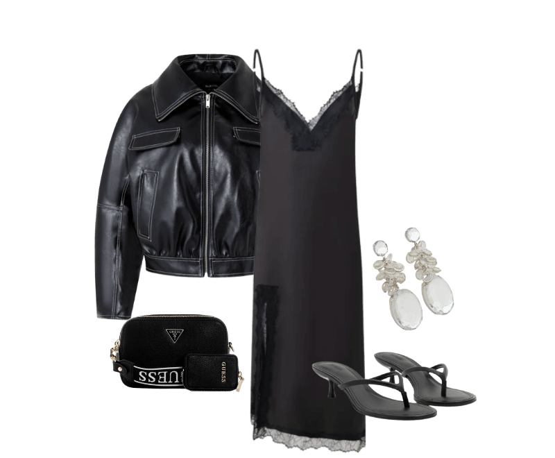 Jaqueta Bomber em PU com Pesponto Contrastante Preto ; Vestido Boho Slip Dress com Efeito Acetinado e Renda Preto ; Sandália Mule em PU Kitten Heel Preto ; Bolsa Latona Ii Camera Transversal Preto Guess ; Maxi Brinco em Strass com Pingente Cristal Artificial Prata