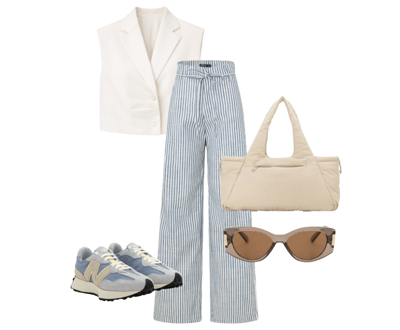 Colete em Crepe com Gola Blazer e Pregas Off White ; Calça Wide Leg em Sarja com Listras e Cinto Fino Azul Médio ; Tênis Jogging com Recortes e Silhueta Longa New Balance Azul ; Bolsa Shopper Grande com Estampa lisa Off White ; Óculos de Sol Quadrado Levemente Gateado com Detalhe Lateral de Metal Marrom