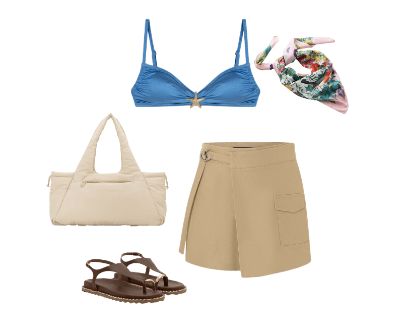 Bermuda em Alfaiataria com Fivela e Bolso Frontal Bege ; Sandália Rasteira com Dedeira e Detalhe Bold Marrom ; Bolsa Shopper Grande com Estampa lisa Off White ; Lenço Quadrado Acetinado com Estampa Botânica Curve & Plus Size Multicores ; Biquíni Top em Microfibra Brilhante com Lateral Franzida e Aviamento de Estrela Azul