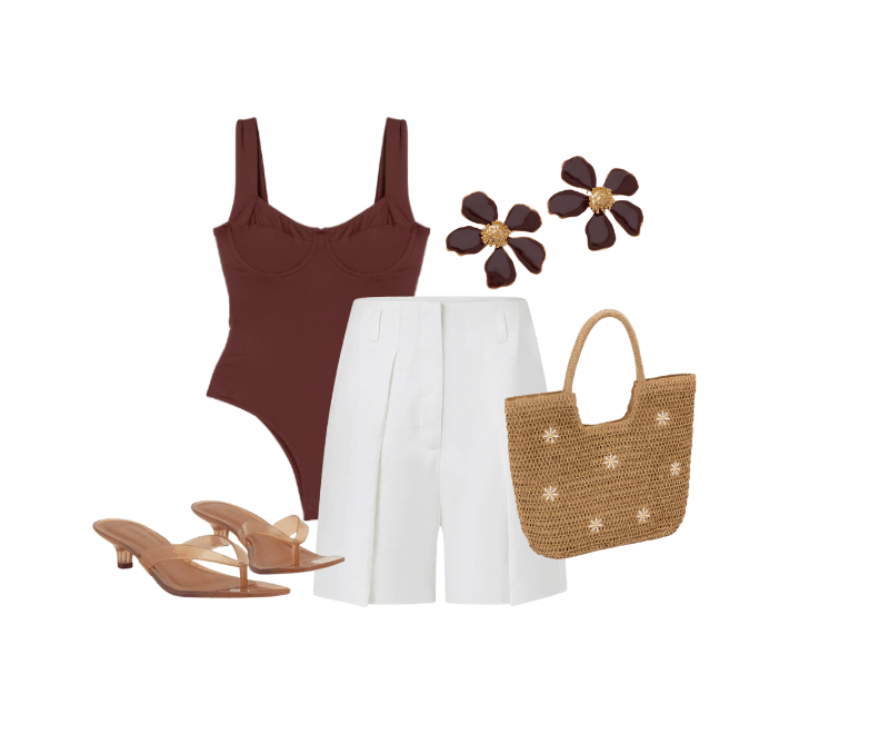 Bermuda Alfaiatada em Viscose com Pregas Frontais Branco ; Sandália de Dedo em Jelly com Salto Médio e Transparência Bege ; Brinco em Metal Formato de Flor com Miolo Marrom ; Maiô Meia Taça em Microfibra com Alças Largas Marrom ; Bolsa de Praia em Palha com Bordado de Margaridas Bege