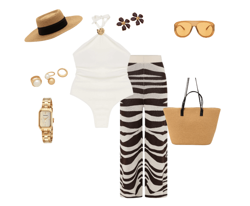 Calça Reta em Tricô com Estampa Zebra Multicores ; Bolsa de Praia Grande com Bolsinho e Alças em PU Bege ; Óculos de Sol Aviador com Lente Âmbar Laranja ; Relógio Mondaine Feminino Analógico Dourado ; Chapéu de Praia com Aba Média e Faixa Contrastante Bege ; Brinco em Metal Formato de Flor com Miolo Marrom ; Kit 03 Anéis em Metal com Diferentes Formas Dourado ; Maiô Halter em Microfibra Texturizada com Aviamento de Concha Caracol Branco