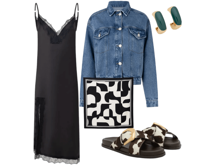 Jaqueta Boxy em Jeans com Bolsos e Recortes Médio ; Vestido Boho Slip Dress com Efeito Acetinado e Renda Preto ; Rasteira em Couro com Tiras Cruzadas e Fivela Marrom ; Brinco Argola Quadrada com Detalhe Esmaltado Bicolor Dourado/Verde ; Lenço Quadrado em Cetim com Estampa Geométrica Bicolor Preto/Branco