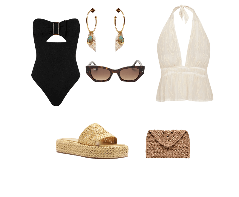 Blusa Feminina Quinn Branco Vix ; Óculos Feminino Zena Bio-Based Marrom Ray-ban ; Brinco Feminino Conchas Marés Dourado Dress To ; Bolsa Feminina Carteira Amie Bege Catarina Mina ; Maiô Bandeau Sade Br Preto Vix ; Sandália Feminina Tamanco Palha Natural Flatform Tira Emma Bege Arezzo