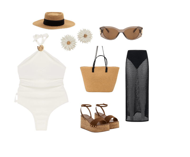Saia New Midi em Tricô com Transparência e Forro Hot Pants Preto ; Sandália Plataforma de Tiras com Efeito Camurça e Salto com Textura Marrom ; Bolsa de Praia Grande com Bolsinho e Alças em PU Bege ; Óculos de Sol Quadrado Levemente Gateado com Detalhe Lateral de Metal Marrom ; Chapéu de Praia com Aba Média e Faixa Contrastante Bege ; Brinco Botão em Forma Flor e Centro em Metal Branco ; Maiô Halter em Microfibra Texturizada com Aviamento de Concha Caracol Branco