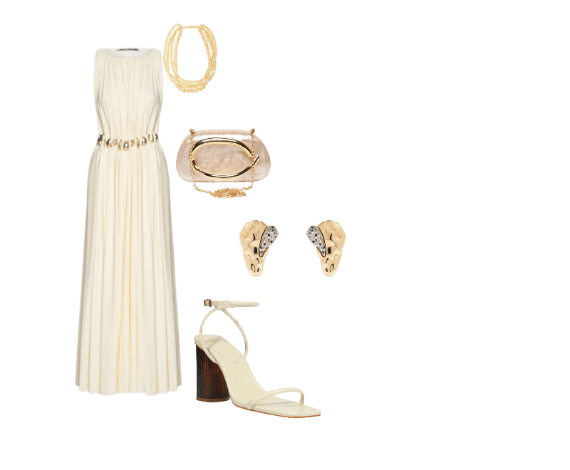 Colar Feminino Mia Bege Le Lis ; Sandália Feminina Bloco Andy Couro Branco Schutz + Nati Vozza ; Bolsa Feminina Clutch Perolada Com Detalhe Orgânico Metalizado Bege Market 33 ; Vestido Longo Sem Manga Bege Lança Perfume ; Brinco Feminino Gota Orgânica + Druza Metal Fixo Duo Ouro Mix Dourado D'santis Joias