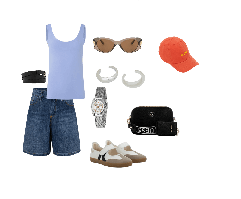 Blusa em Poliamida com Decote U e Alça Larga Azul Arroxeado ; Bermuda em Jeans com Passantes no Cós e Bolsos Blue Jeans Escuro ; Tênis Chuteira com Abertura e Recortes Contrastantes Off White ; Bolsa Latona Ii Camera Transversal Preto Guess ; Óculos de Sol Quadrado Levemente Gateado com Detalhe Lateral de Metal Marrom ; Relógio Lince Analógico com Pulseira e Caixa em Metal LRM4674L S2SX U ; Cinto Alongado em Couro com Volta Dupla e Fivela Quadrada Metalizada Preto ; Boné em Sarja com Aba Curva e Bordado Lettering Caliente Laranja ; Kit 02 Braceletes Rígidos Orgânicos em Metal e Resina Prata