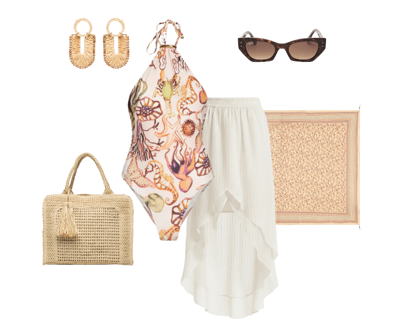 Óculos Feminino Zena Bio-Based Marrom Ray-ban ; Saia Clarice Off White Triya ; Maiô Decote Halter Fundo Do Mar Cru Off White Animale Resort ; Lenço Feminino Estampa Fleur Bege Maria Filó ; Brinco Feminino Veranil Palha Bege Dress To ; Bolsa Feminina Tiracolo de Palha Bege Basiq