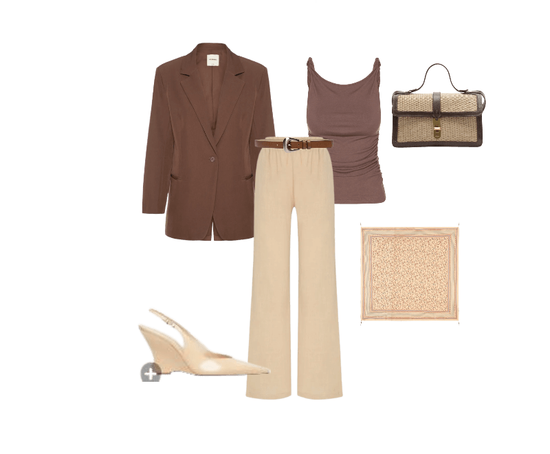 Regata Feminina Drapeada Marrom Basiq ; Calça Feminina Tika Bege Triya ; Lenço Feminino Estampa Fleur Bege Maria Filó ; Cinto Feminino Couro Fivela Escovada Marrom Basiq ; Bolsa Feminina Tiracolo Natural Palha Bege Arezzo ; Blazer Feminino Marrom Hering