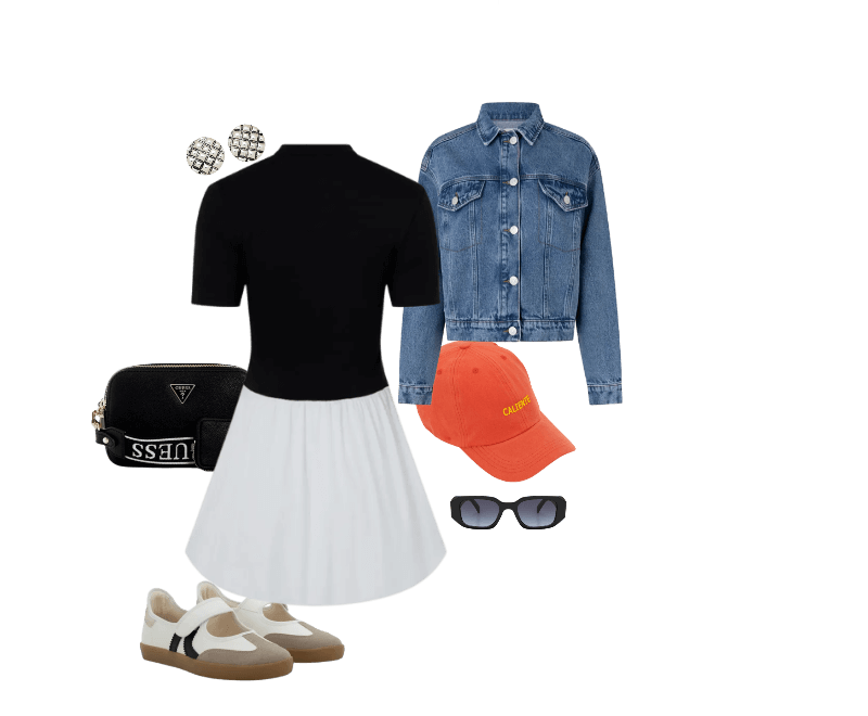 Jaqueta Boxy em Jeans com Bolsos e Recortes Médio ; Vestido Balonê com Babado na Saia Preto ; Tênis Chuteira com Abertura e Recortes Contrastantes Off White ; Bolsa Latona Ii Camera Transversal Preto Guess ; Óculos de Sol Quadrado com Detalhes Facetados e Lente Fumê Degrade Preto ; Boné em Sarja com Aba Curva e Bordado Lettering Caliente Laranja ; Brinco Botão em Metal com Textura de Serpente e Efeito Envelhecido Prata