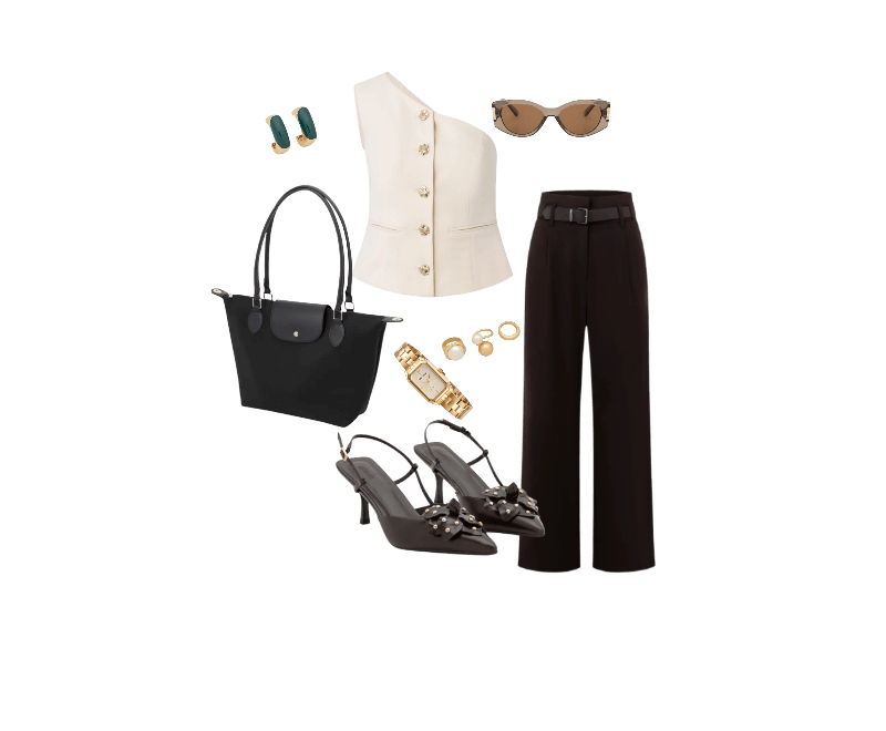 Blusa Ombro Só em Crepe com Botões Martelados Bege ; Calça Reta em Alfaiataria com Meio Cinto Marrom ; Sapato Slingaback com Flor e Cravinhos Marrom ; Bolsa Grande com Zíper Lapela e Alça Dupla Preto ; Óculos de Sol Quadrado Levemente Gateado com Detalhe Lateral de Metal Marrom ; Relógio Mondaine Feminino Analógico Dourado ; Brinco Argola Quadrada com Detalhe Esmaltado Bicolor Dourado/Verde ; Kit 03 Anéis em Metal com Diferentes Formas Dourado