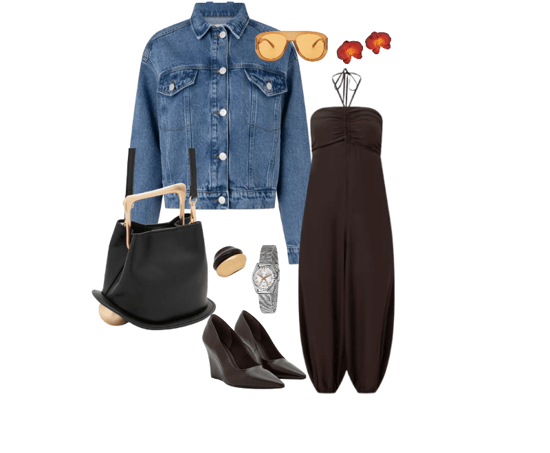 Jaqueta Boxy em Jeans com Bolsos e Recortes Médio ; Macacão Boho Aladim Frente Única em Viscose com Busto Franzido Marrom Terra ; Sapato Scarpin Anabela Bico Fino Marrom ; Bolsa Bucket Pequena com Alça de Mão em Metal Base Bola em Metal Preto ; Óculos de Sol Aviador com Lente Âmbar Laranja ; Relógio Lince Analógico com Pulseira e Caixa em Metal LRM4674L S2SX U ; Maxi Brinco com Forma de Orquídea Esmaltada Laranja ; Maxi Anel com Faces Bicolores Dourado/Preto