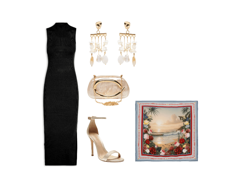 Brinco Feminino Madrepérolas Laguna Off White Dress To ; Sandália Feminina Isabelli Couro Dourado Schutz ; Vestido Midi Em Tricot Preto Market 33 ; Bolsa Feminina Clutch Perolada Com Detalhe Orgânico Metalizado Bege Market 33 ; Lenço Scarf Beach Roses Off White Triya